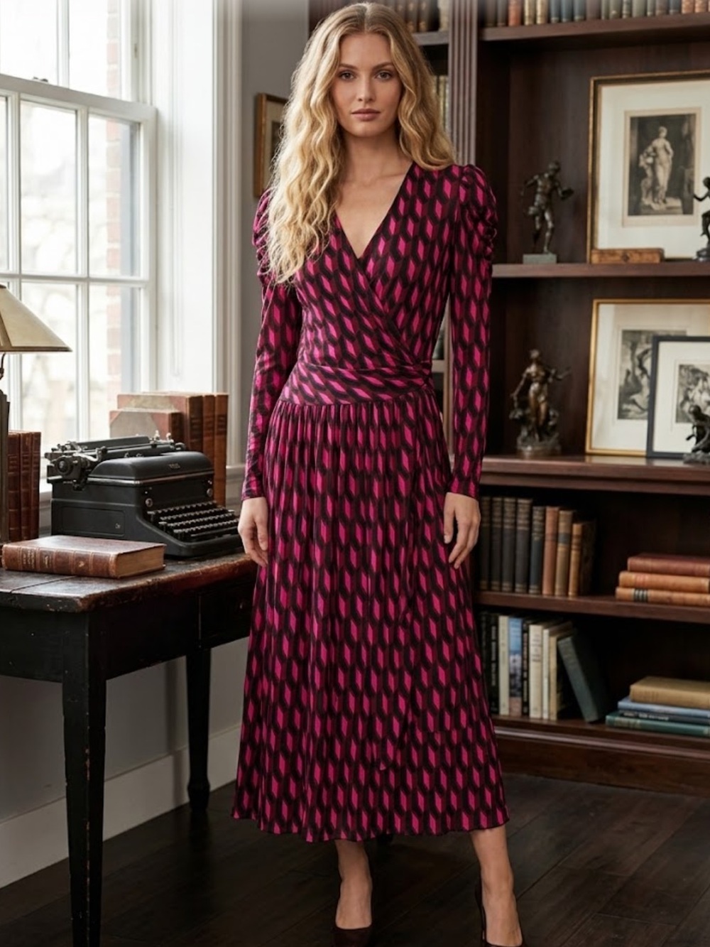 Diane von Furstenberg  3D Geometric Print Ruched Sleeve Midi Dress - Size Medium